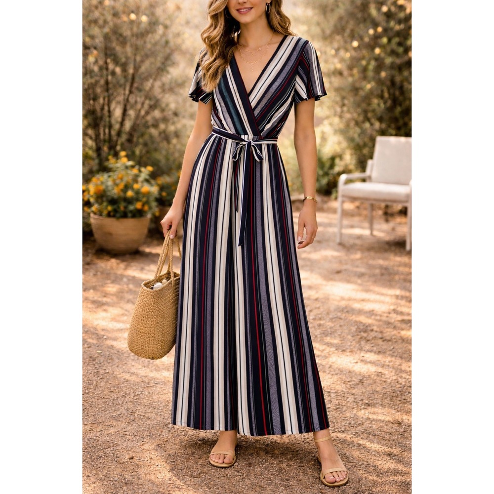 Monteau Los Angeles‎ Womens Multi Color Striped Wide Leg Jumpsuit Size L Navy